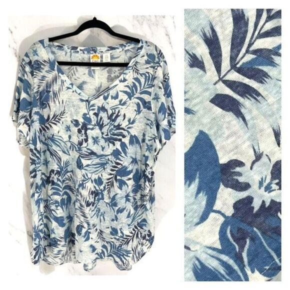 C&C California Women's Linen Floral Leaf Print Short Sleeve Top Blue Size 2X - Picture 2 of 11